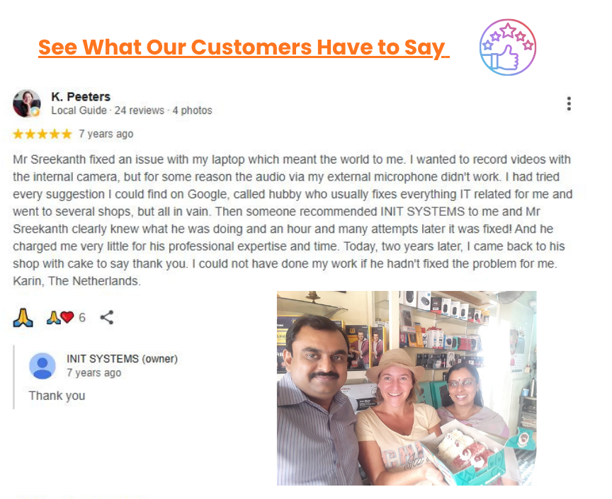 Google review from K. Peeters about a laptop repair at INIT SYSTEMS