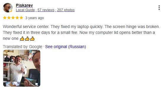 Google review from Piskarev about a screen hinge repair at INIT SYSTEMS